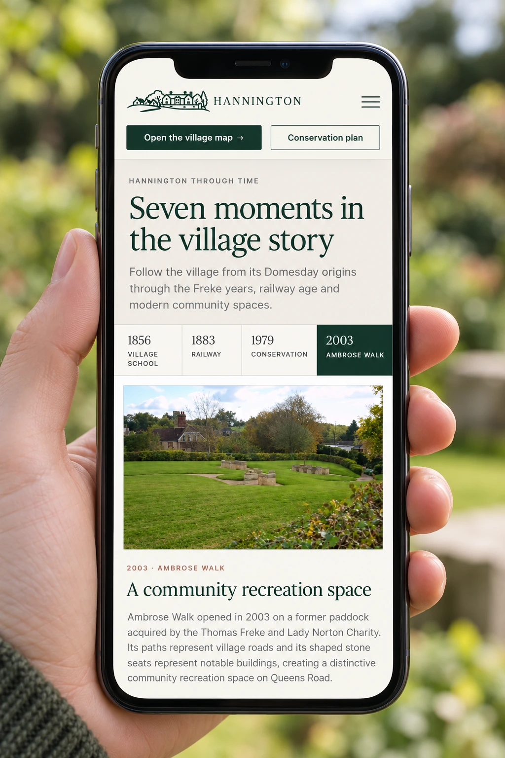 The mobile timeline reveals a different chapter: the community space at Ambrose Walk.