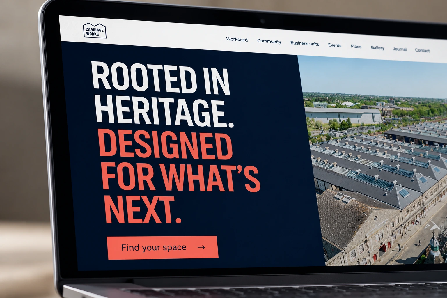 Typography, navy and coral translate the place brand into a clear visual hierarchy.