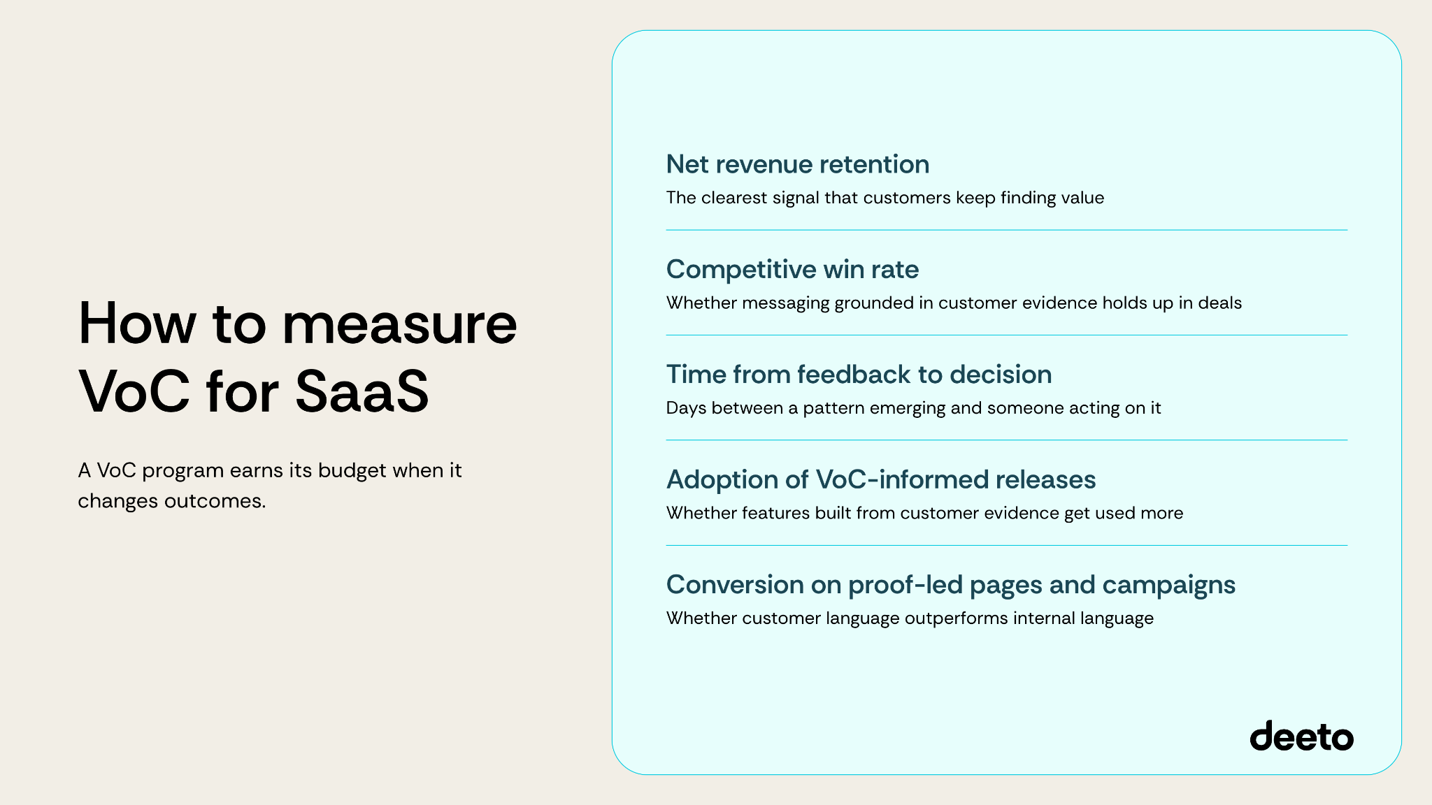 How to measure VoC for SaaS: net revenue retention, competitive win rate, time from feedback to decision, adoption of VoC-informed releases, conversion on proof-led pages and campaigns