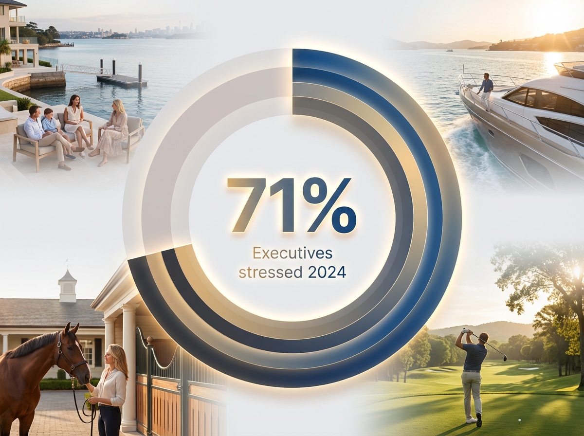 Infographic showing Executives reporting high stress levels (2024-2025): 71%