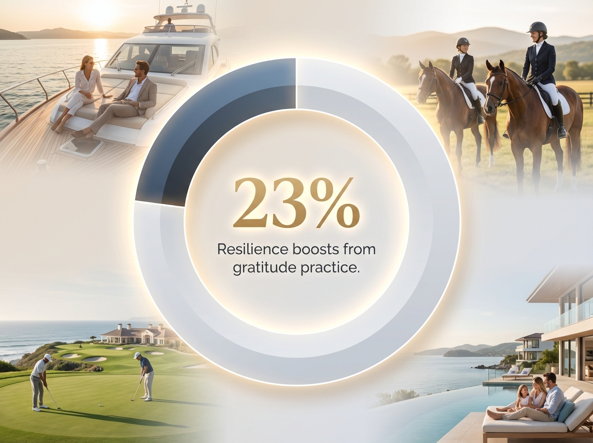 Infographic showing Increase in resilience scores from gratitude practice: 23%