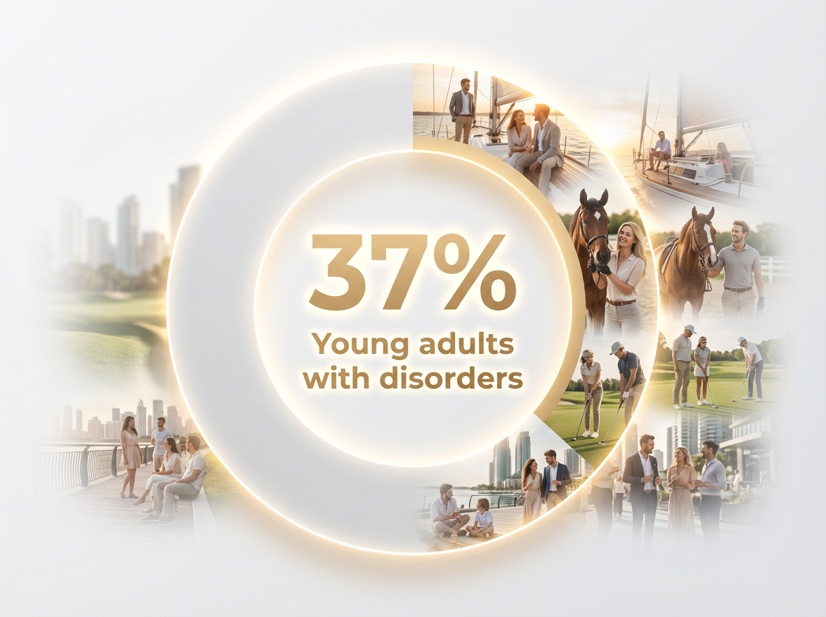 Infographic showing Young adults (18-25) with a substance or mental health disorder: 37%
