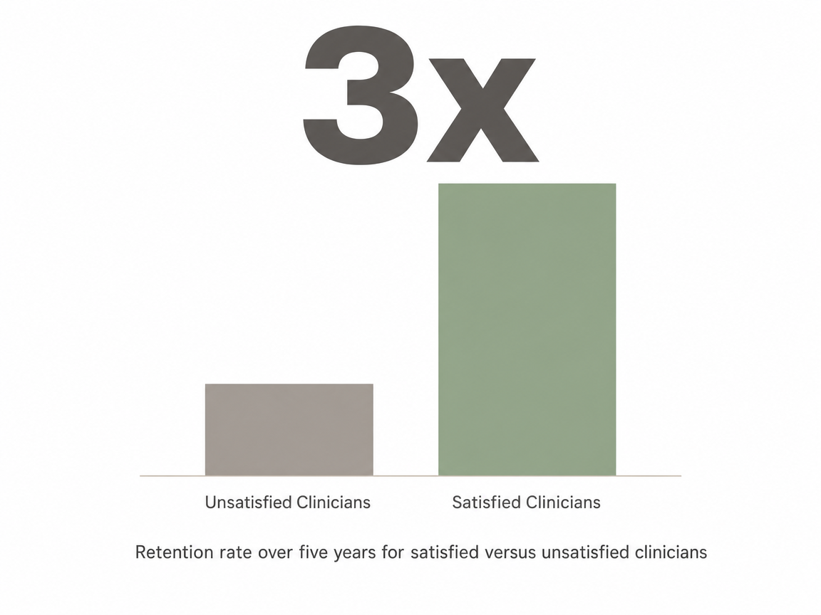 Infographic showing Retention rate over five years for satisfied versus unsatisfied clinicians: 3x