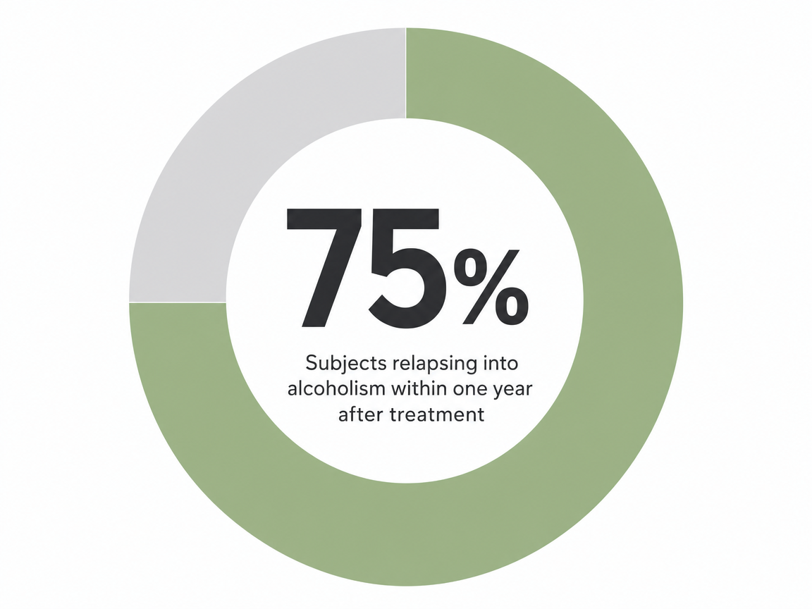 Infographic showing Subjects relapsing into alcoholism within one year after treatment: 75%