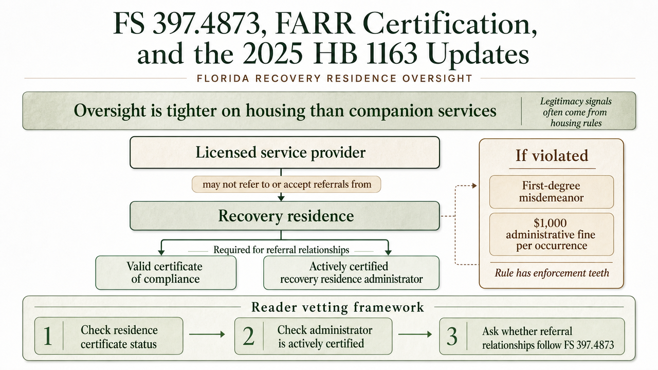 Visualize Florida's regulatory oversight layers governing recovery residences and referral relationships as described in the section, giving readers a verifiable framework to use when vetting providers