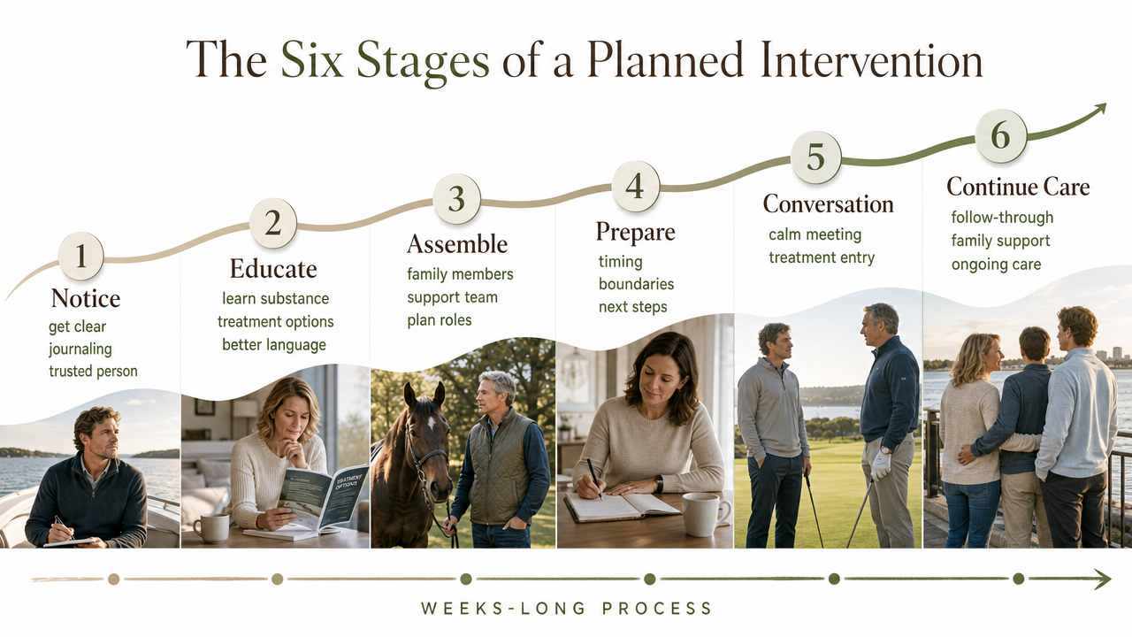 Visualize the six-stage process described in the section as a sequential workflow, helping readers grasp that an intervention is a weeks-long arc rather than a single event