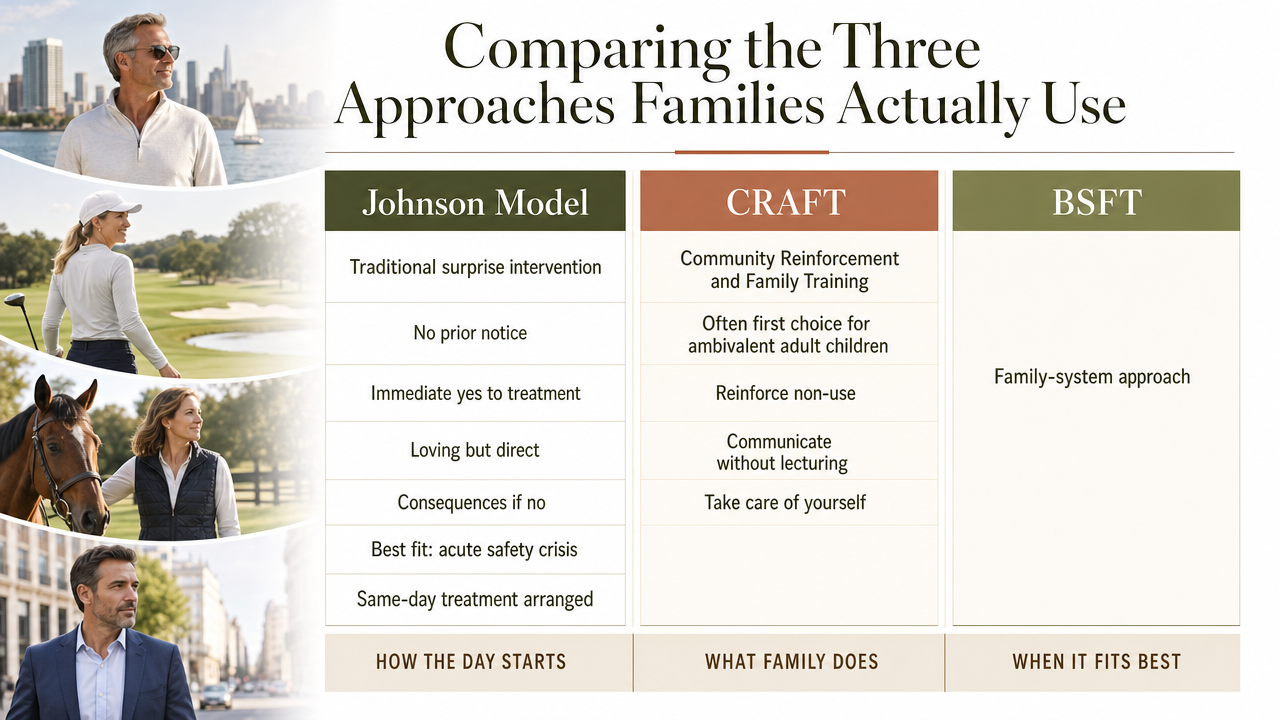 Side-by-side comparison of the three intervention models discussed in the section (Johnson Model, CRAFT, BSFT), supporting the article's explicit comparison framework