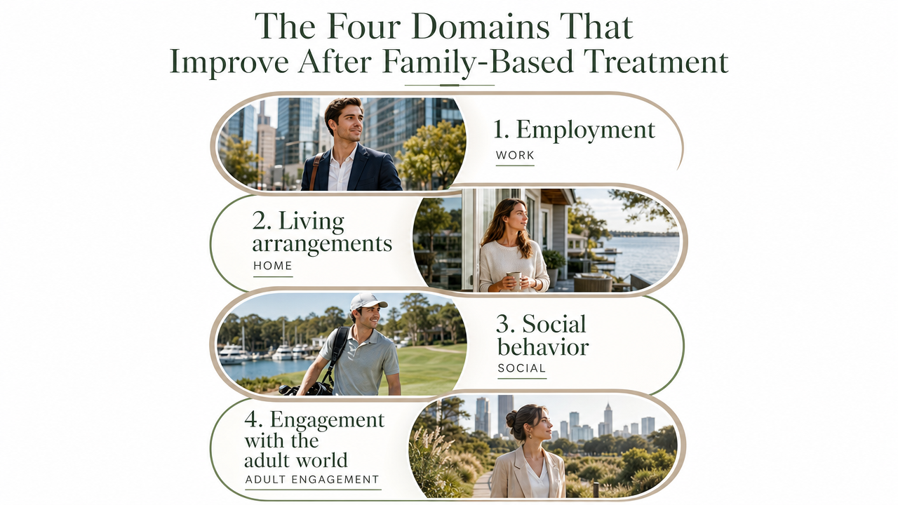 Visualize the four measurable domains from the Lebowitz clinical work that the section explicitly names and cites, giving readers a scannable framework of what treatment targets