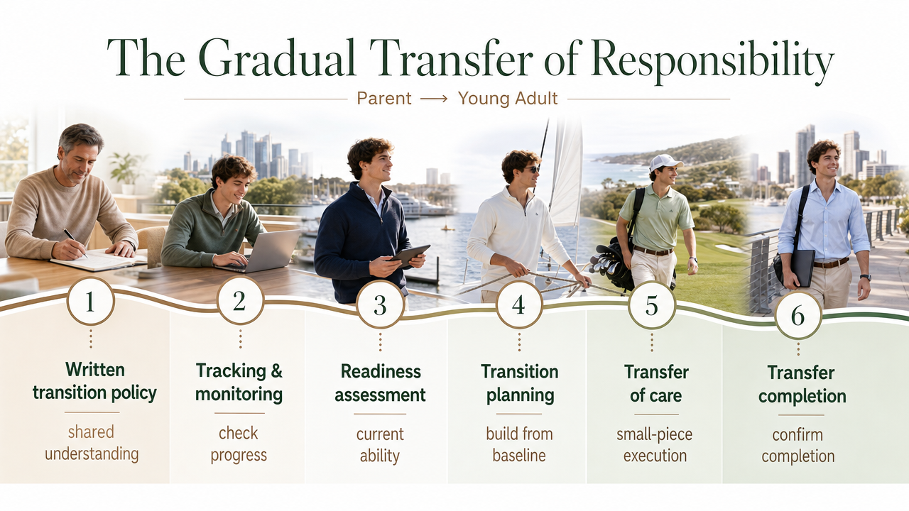 Illustrate the six core elements of the Youth Health Transition framework that the section explicitly walks through, showing the sequenced handoff of responsibility