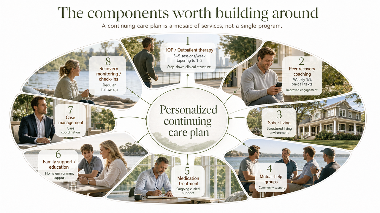 Visualize the eight continuing care components described in the section's comparison table, showing each pillar and its role in a personalized post-rehab plan