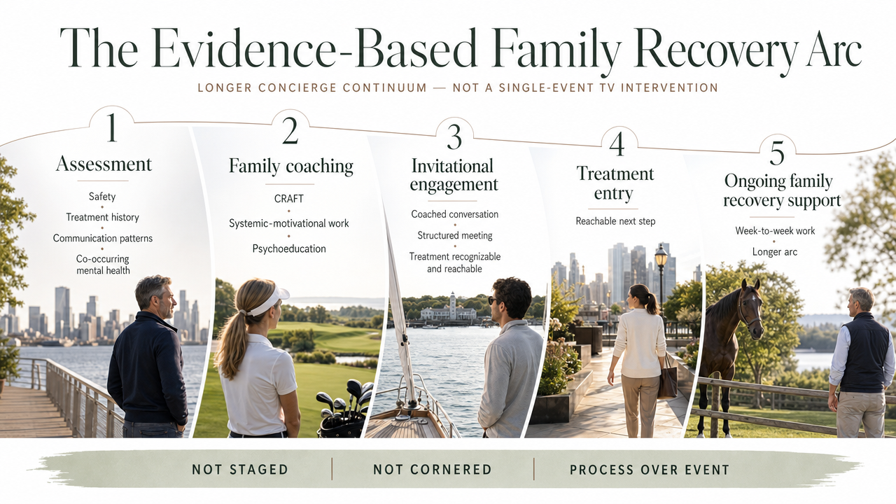 Visualize the five-stage continuum of concierge family recovery work described explicitly in this section, distinguishing it from the single-event TV intervention model
