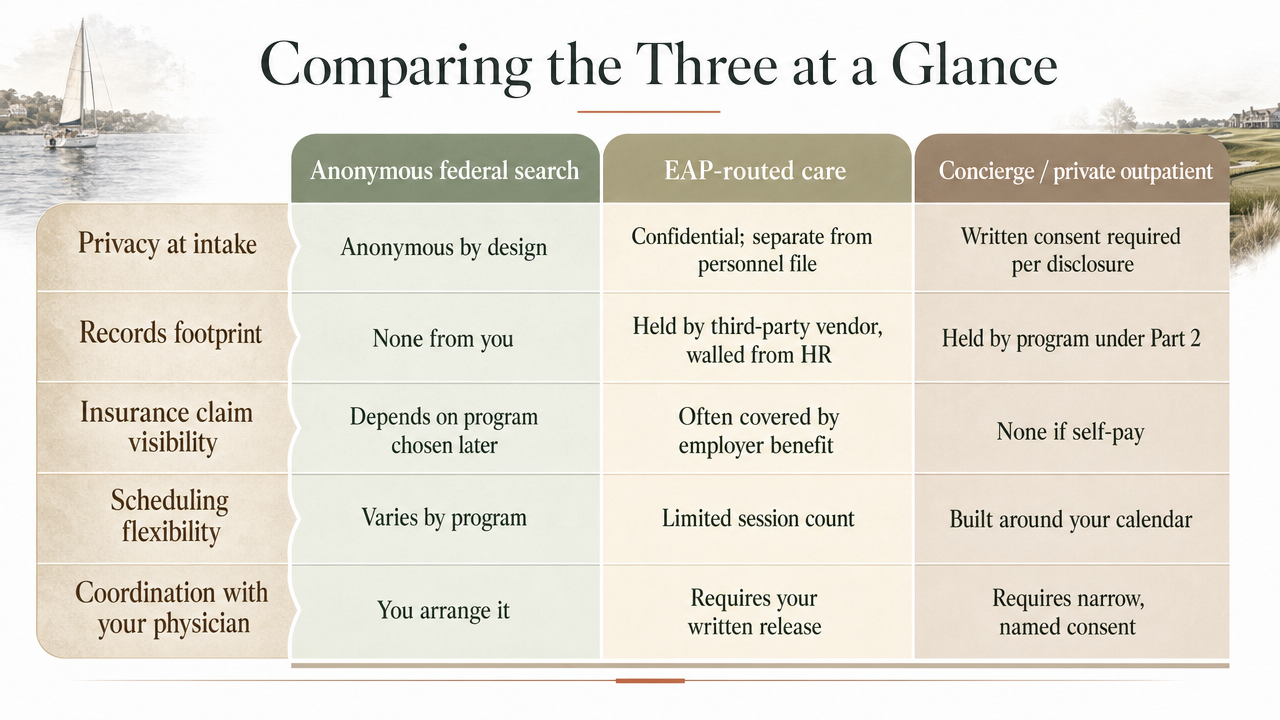 Visualize the three discreet pathways (anonymous federal search, EAP-routed care, concierge/private outpatient) side by side across the five decision dimensions described in the section