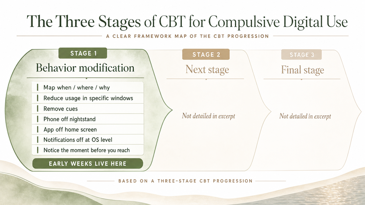 Visualize the three-stage CBT progression cited in this section, giving readers a clear framework map of what to expect