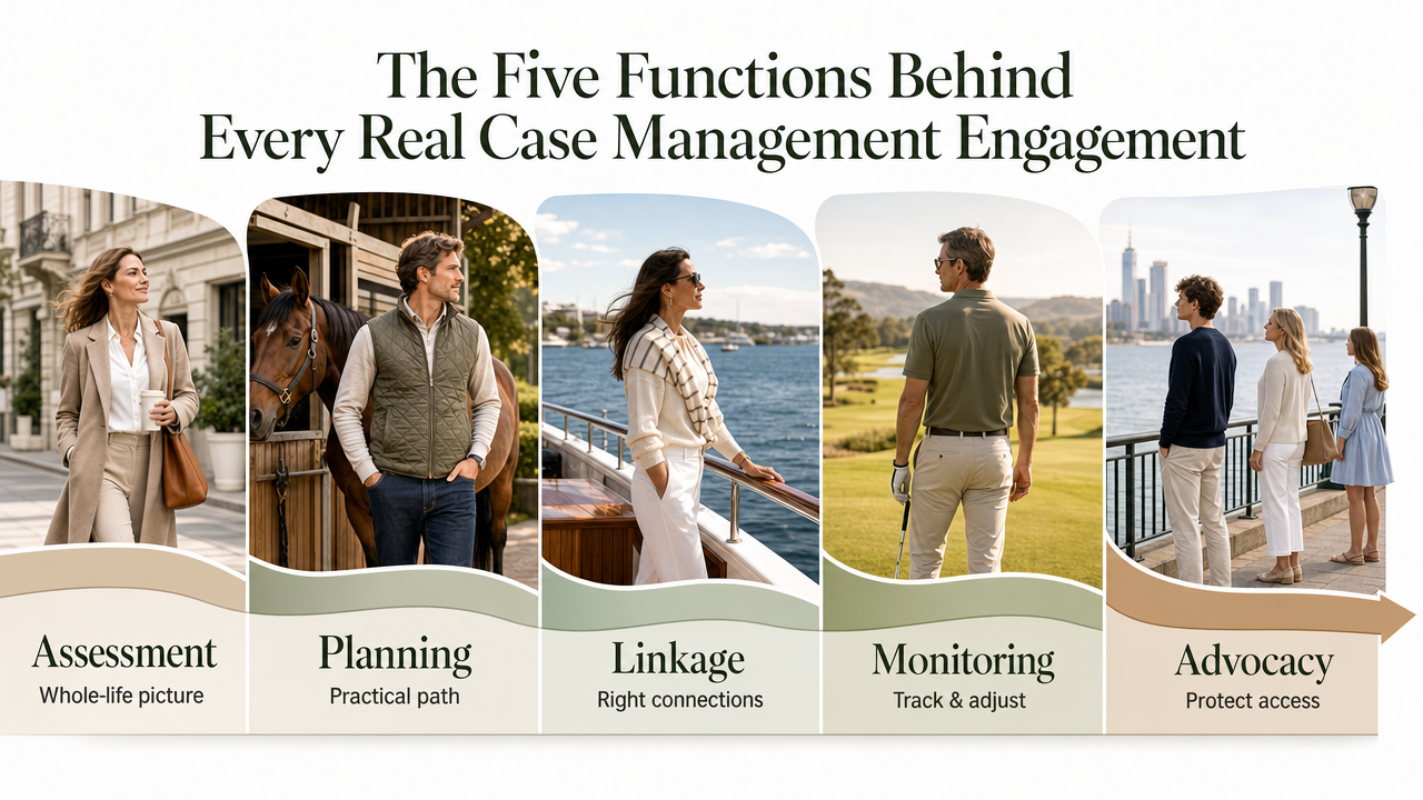 Visualize the five SAMHSA-defined case management functions cited in this section, giving readers a clear operational spine to reference