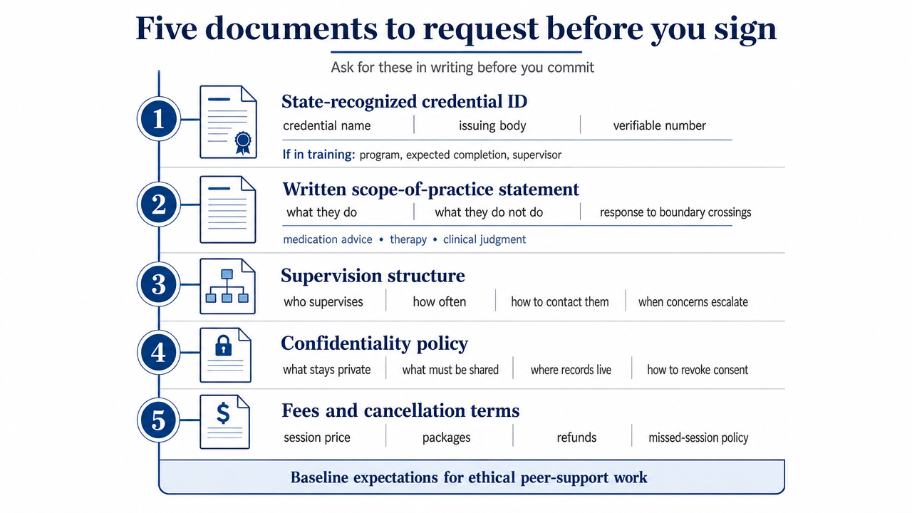 Turn the five-document checklist into a scannable visual readers can take into their vetting call
