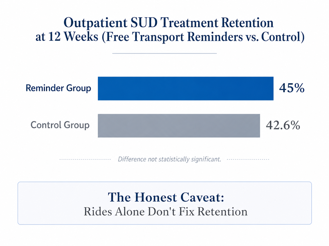 Chart showing Outpatient SUD Treatment Retention at 12 Weeks (Free Transport Reminders vs. Control)