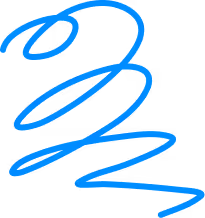 Blue abstract swirling line resembling a loose spiral or squiggle on a white background.