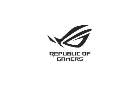 Republic of Gamers logo with stylized eye and text below on black background.