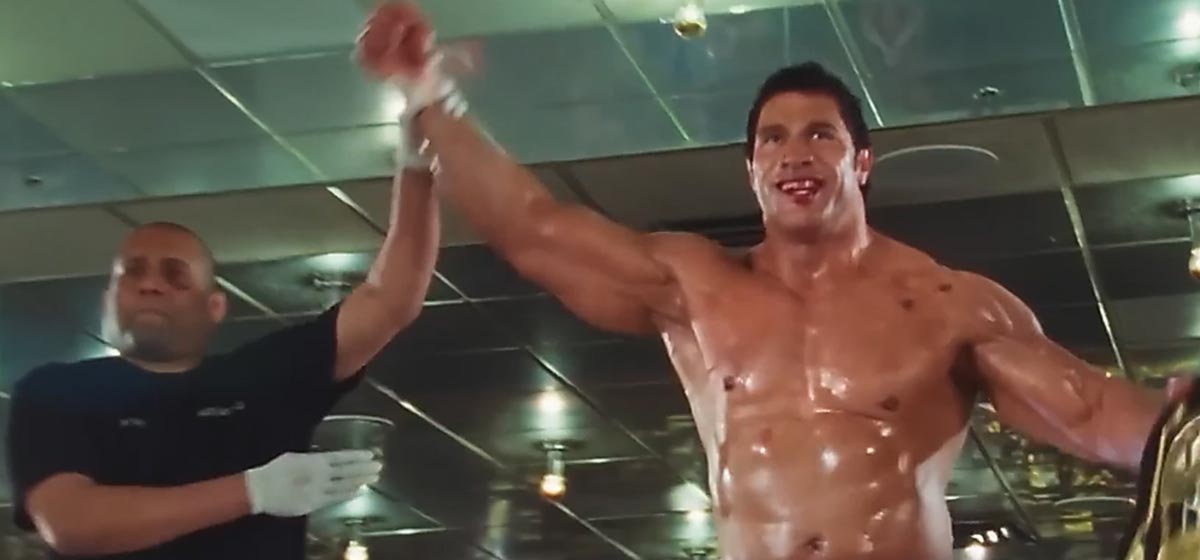 A photo of Dwayne Johnson in the film The Smashing Machine where he plays the famous professional wrestler Mark Kerr