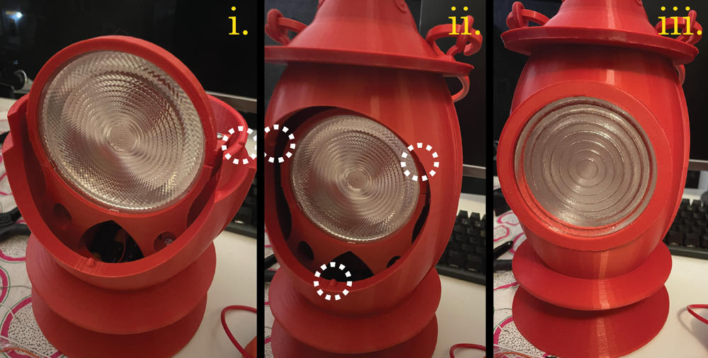 Image divided in 3 parts, showing assembly steps of red 3D printed Lantern
