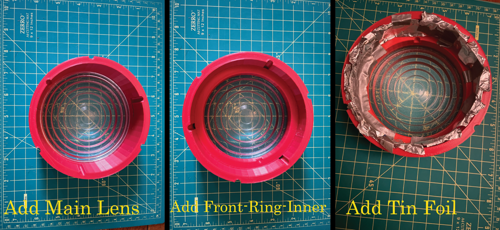 Image divided in 4 parts, showing assembly steps of red 3D printed parts and glass lens, with yellow text describing steps