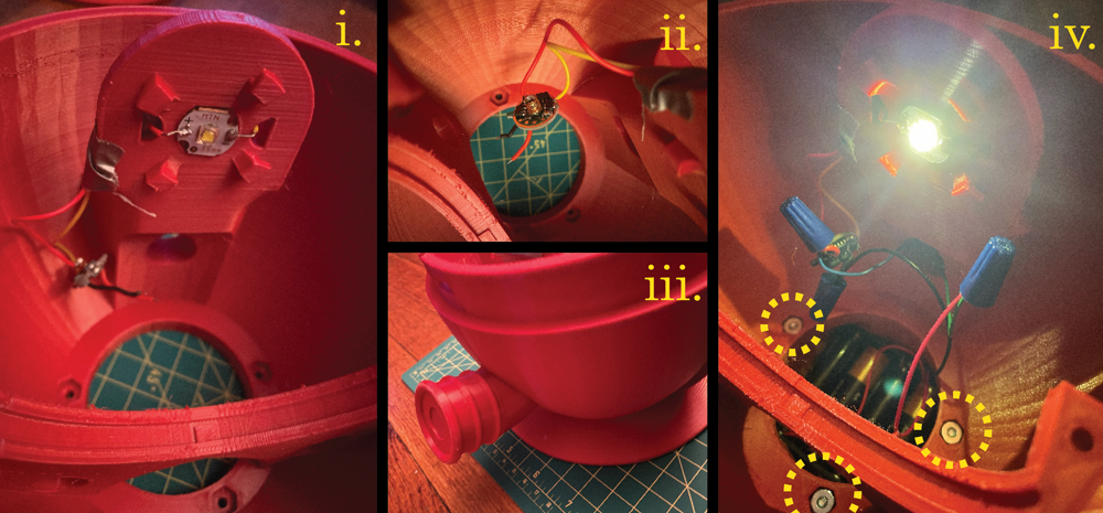 Image divided in 4 parts, showing assembly steps of red 3D printed parts and LED connections