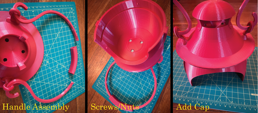 Image divided in 3 parts, showing assembly steps of red 3D printed parts with yellow text describing steps