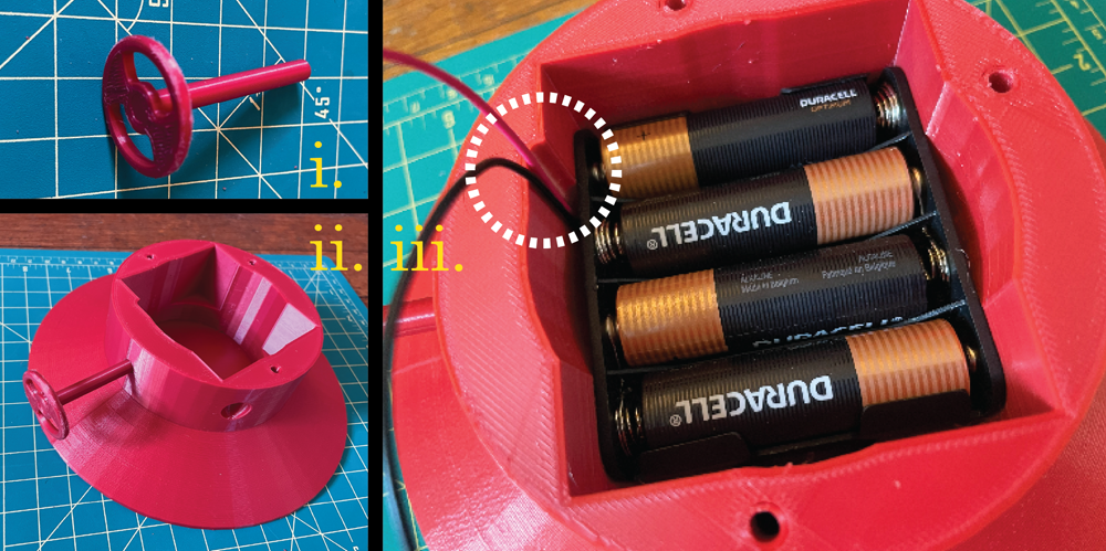 Image divided in 3 parts, showing assembly steps of red 3D printed parts and a battery holder