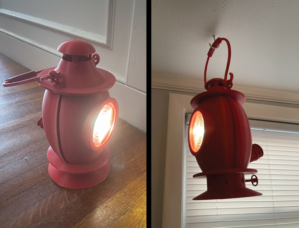 Image divided in two halves, each showing 3D printed Lantern in "on" state, from 2 different angles