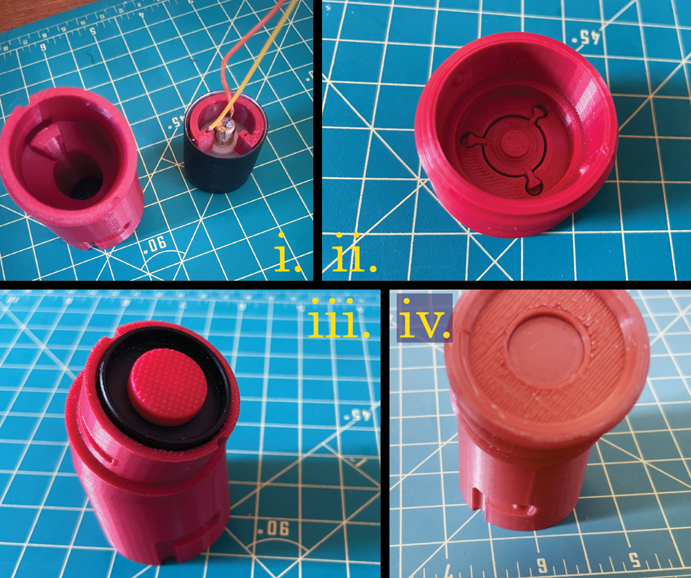 Image divided in 4 parts, showing assembly steps of red 3D printed parts