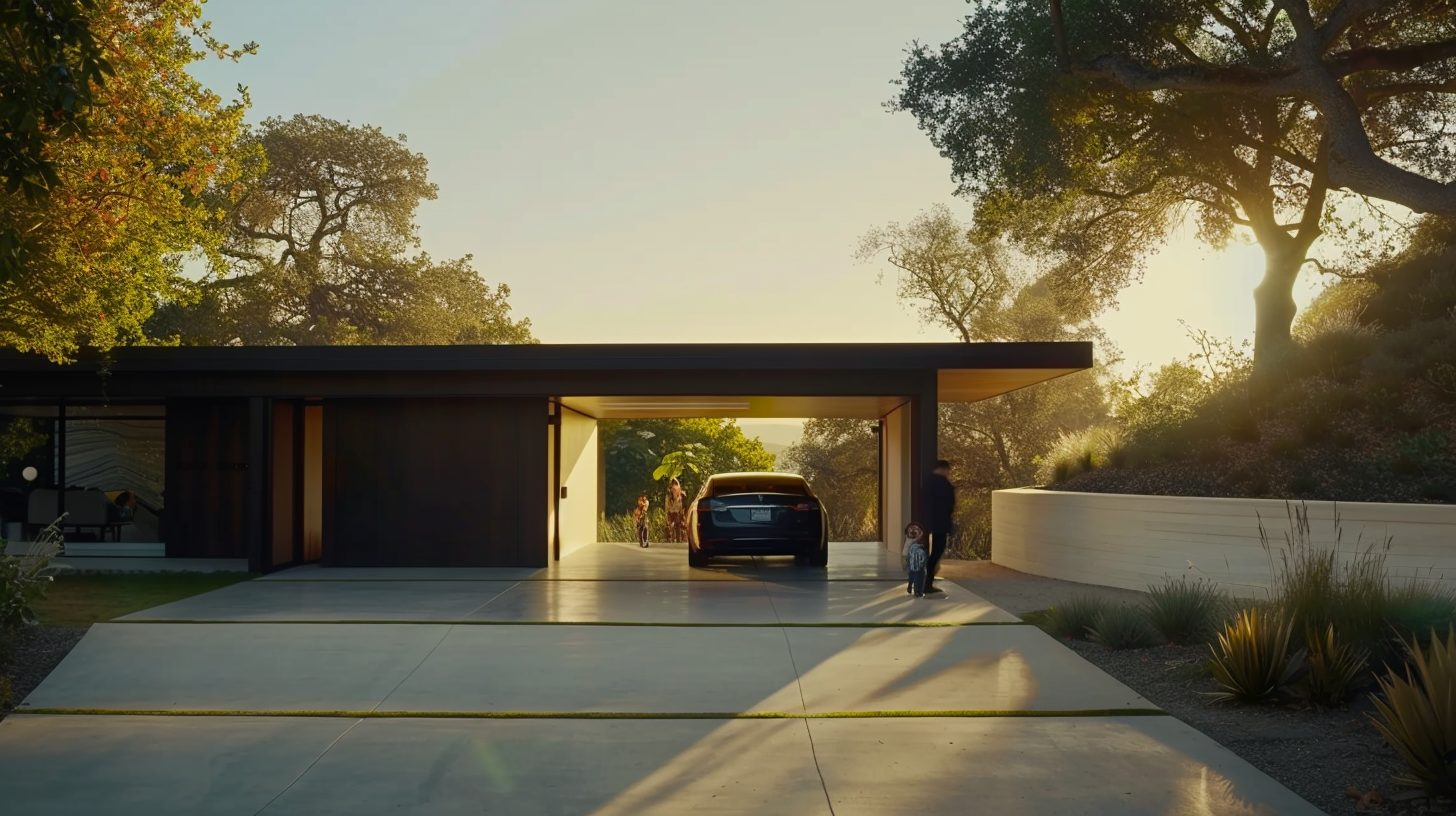 A car parked in an open garage of a modern home from the perspective of the street
