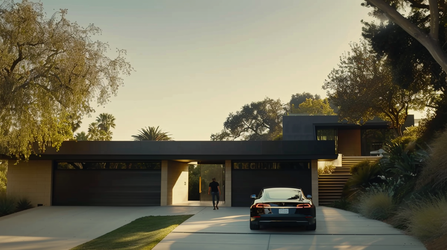 The front of a modern home surrounded by trees with a nice car sitting in the driveway