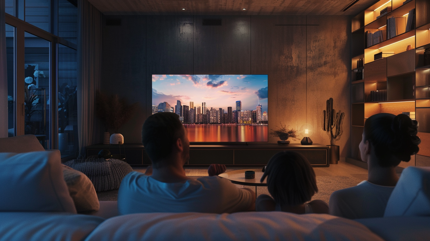 A family of three sitting on a cozy couch watching a movie in their living room
