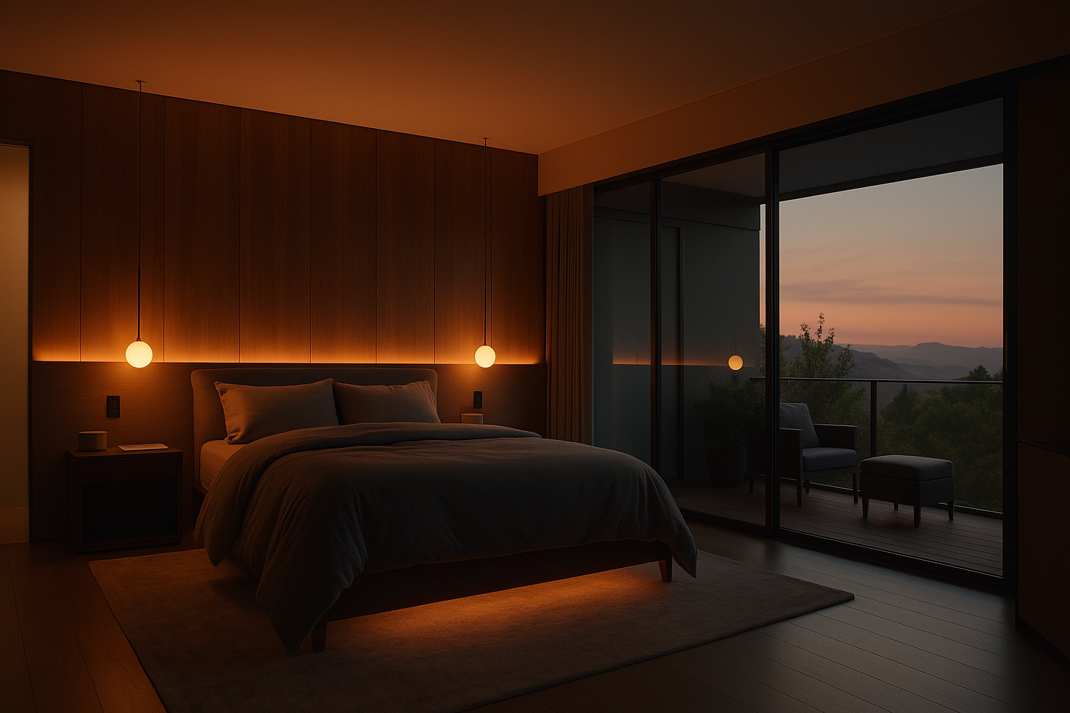 A clean modern bedroom with ambient lighting