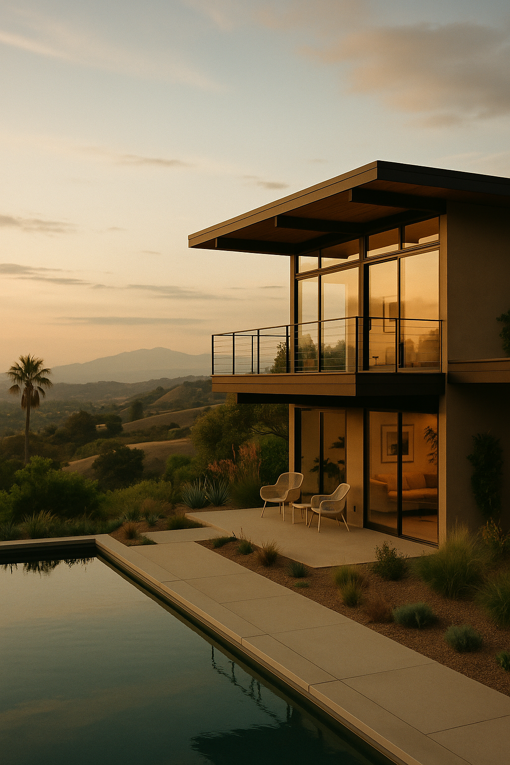 The outside of a modern two story home overlooking a swimming pool and a valley of trees