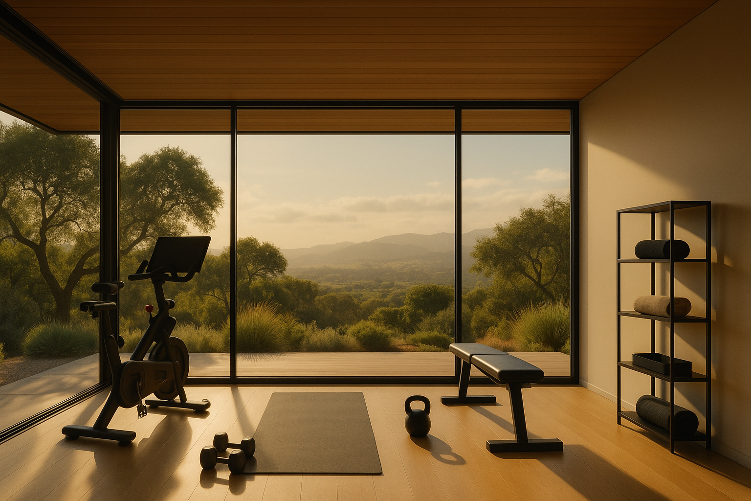 A home gym with large windows letting natural light in