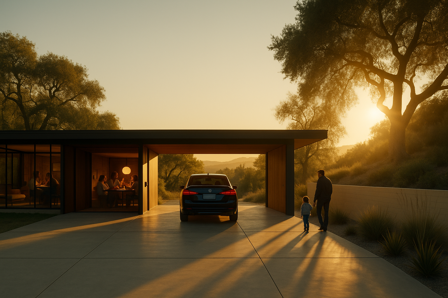 The outside of a modern home with a car parked on the driveway and sun setting