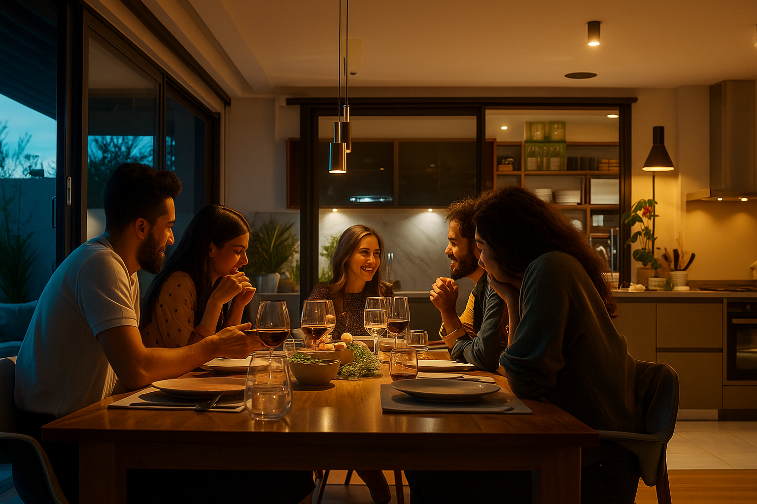 Five people sitting at a diner table in their home kitchen laughing