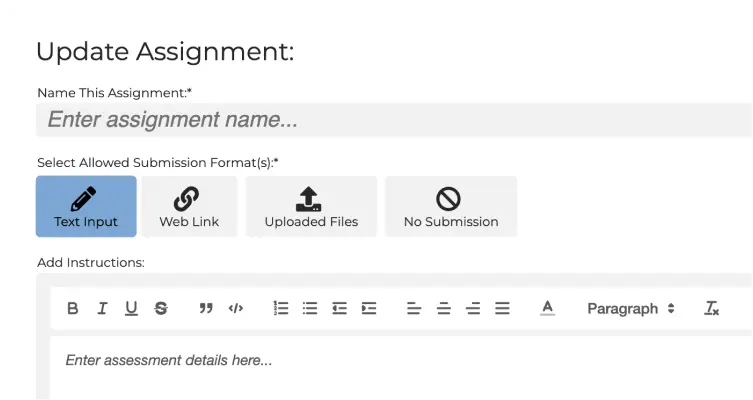 TeachFront interface for updating an assignment, showing fields to enter the assignment name, choose allowed submission formats (Text Input, Web Link, Uploaded Files, or No Submission), and add instructions using a rich-text editor.