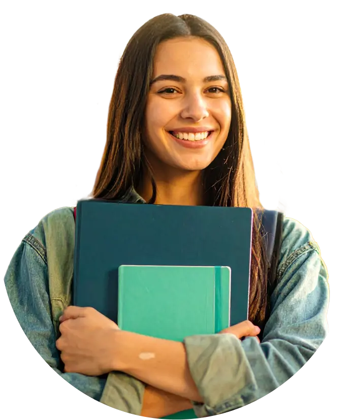 Happy student holding books, symbolizing TeachFront’s mission to help educators create engaging, personalized learning experiences online.