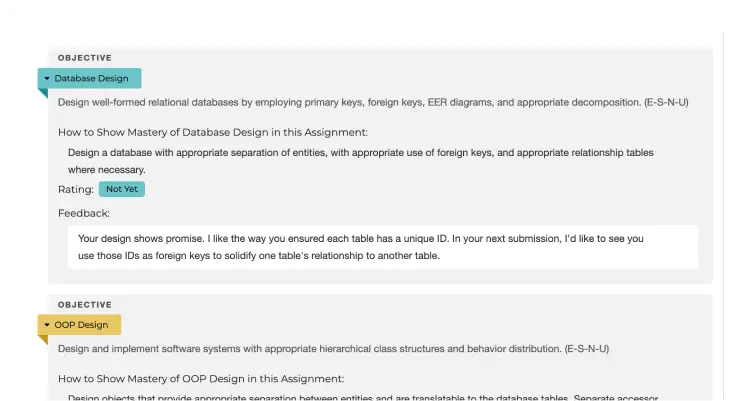 TeachFront expanded grading view showing two objectives: “Database Design” and “OOP Design.” Each includes mastery requirements, a rating, and feedback. The Database Design feedback matches the previous panel’s text.