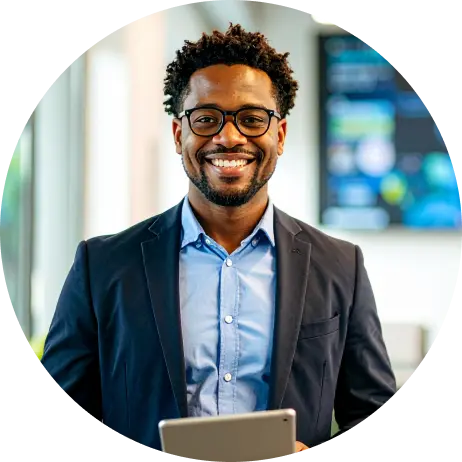 TeachFront illustration of a professor smiling with a tablet, representing how instructors enhance learning outcomes through mastery grading.