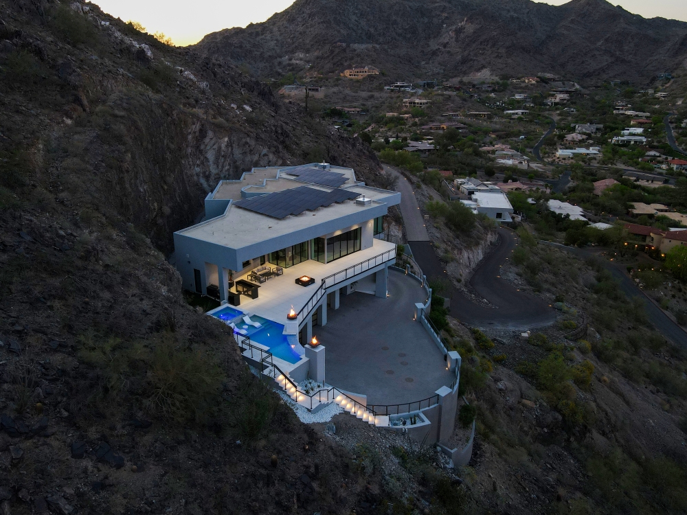 Aerial drone view of Clearwater Estates mountainside pool project in Paradise Valley