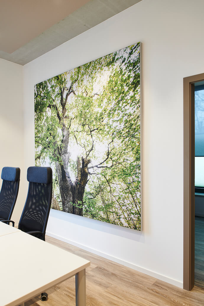 Bild eines Akustikelements mit Fotodruck an einer Wand in einem Konferenzraum