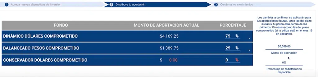 Paso 5 ajuste de los porcentajes para redistribuir aportaciones en el portal de Allianz