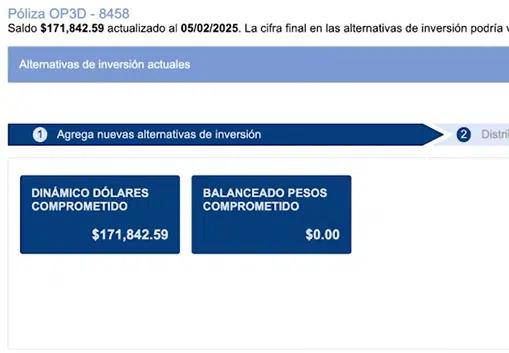 Pantalla con portafolios actuales en el portal de Allianz