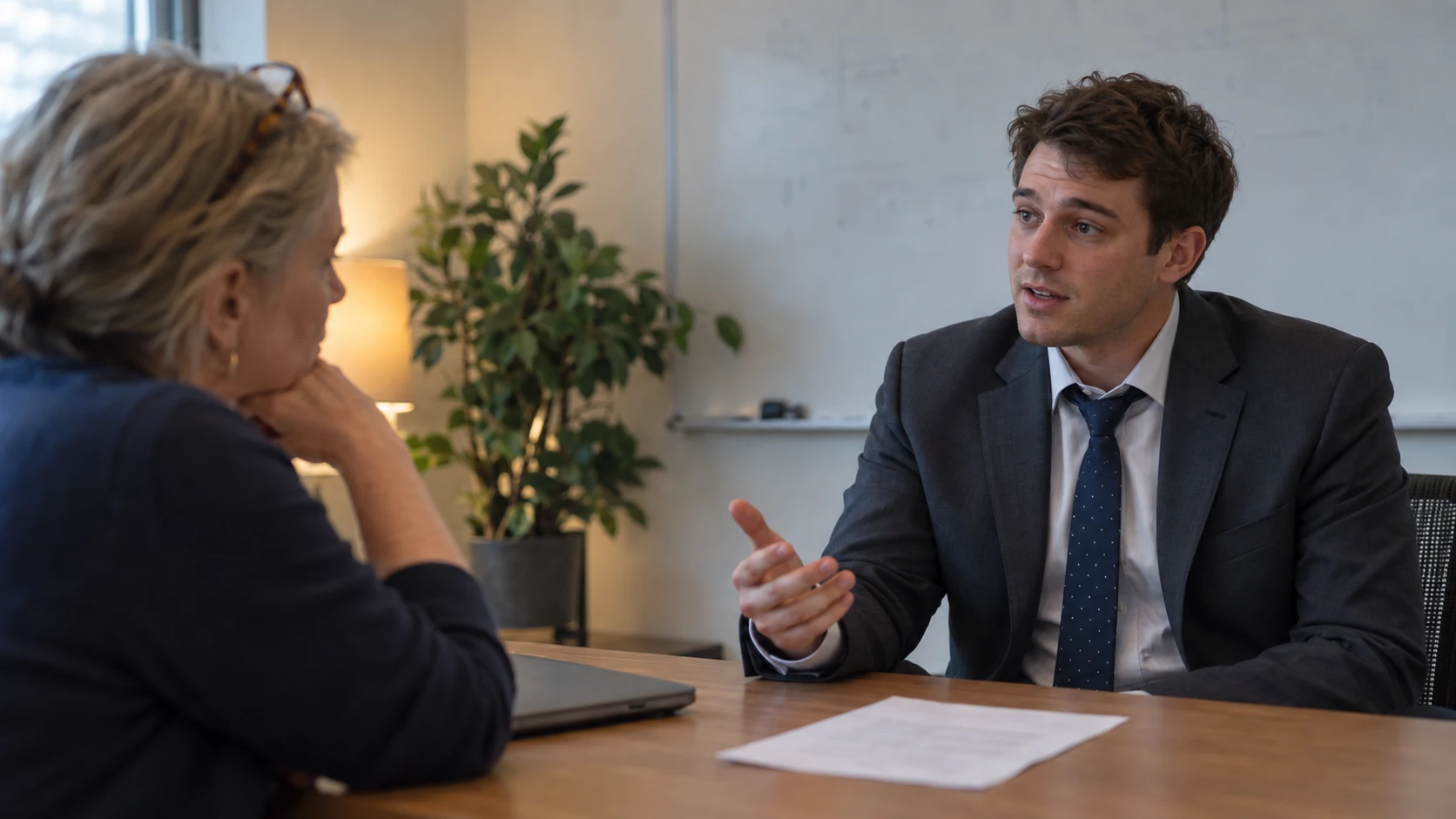 Hiring manager listening skeptically as a pharmaceutical sales candidate explains his reasoning in an interview