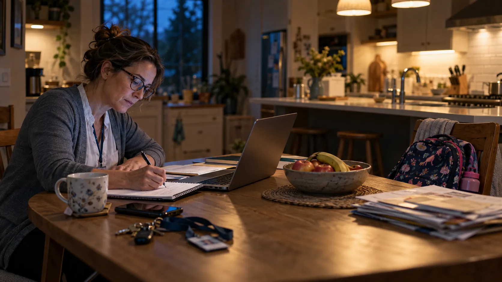 Pharmaceutical sales rep taking handwritten notes at her kitchen table after work, laptop open beside her