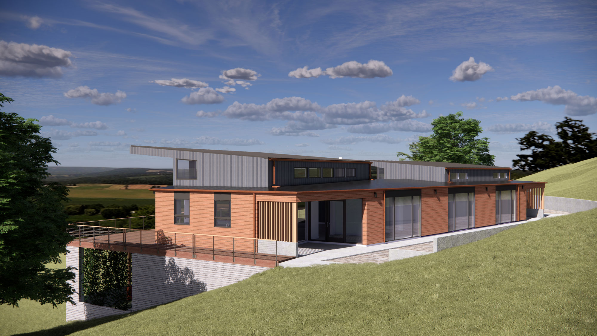 Modern hillside house with wooden panels, large windows, and a deck overlooking countryside.