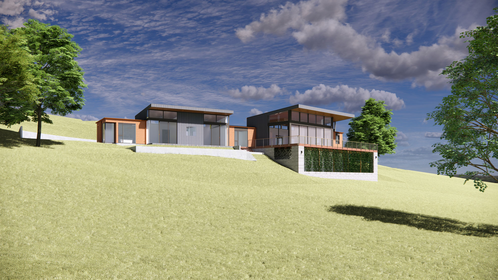 Modern hillside house with large windows, flat roofs, patio, and surrounding trees under a blue sky.